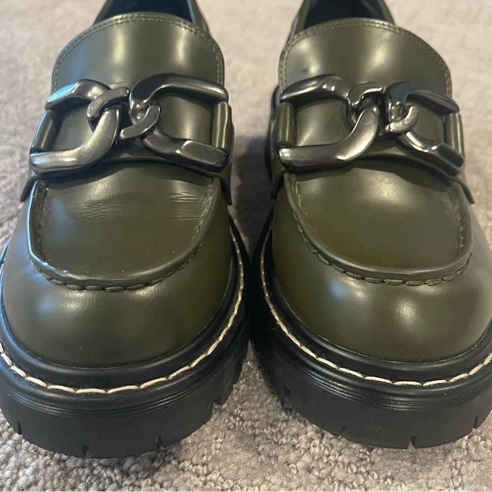 Marc Fisher Trisca Loafers, Olive Green, Leather, Metal Accent, Lug Sole, Sz. 6M - Picture 9 of 15